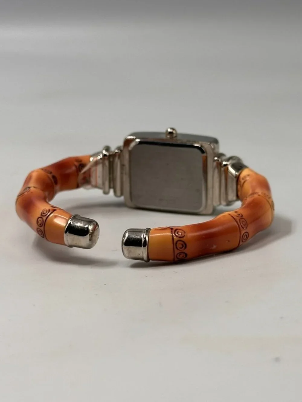 Accutime Women Watch Silver Tone Brown Bamboo Stick Cuff Band New Battery